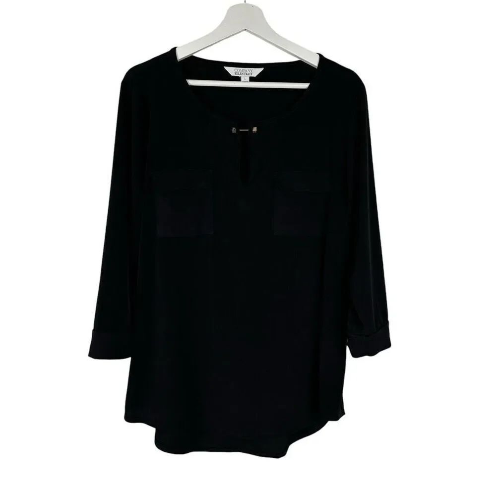 Ellen Tracy Black Large Top Chest Pockets Gold Bar